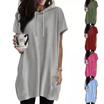 Женская однотонная футболка с капюшоном и шнурком, круглый вырез, короткие рукава, свободный топ L зелёный