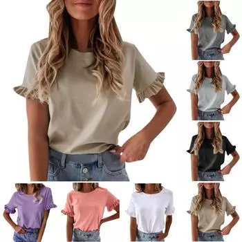 Женская однотонная футболка с коротким рукавом и оборками, с круглым вырезом, блузка, свободный крой, топ M чёрный