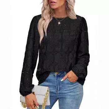 Женская однотонная футболка с круглым вырезом, элегантная, с лепестковым вырезом, с длинным рукавом L чёрный