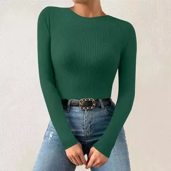 Женская однотонная футболка с круглым вырезом и вертикальными длинными рукавами L армия зеленый