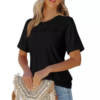 Женская однотонная футболка с круглым вырезом и коротким рукавом, свободная, плиссированная L чёрный