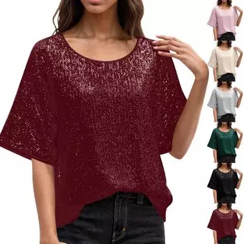 Женская однотонная футболка с круглым вырезом и открытыми плечами, расшитая пайетками, с короткими рукавами L чёрный