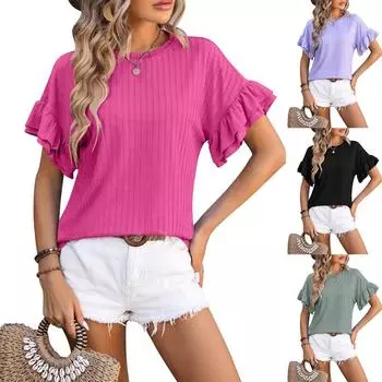 Женская однотонная футболка с круглым вырезом и рюшами и короткими рукавами S
