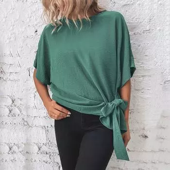 Женская однотонная футболка с круглым вырезом и коротким рукавом, свободный топ с узлом на подоле S кофейный