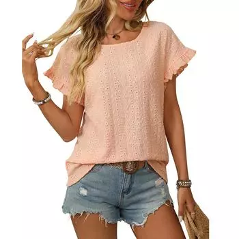 Женская однотонная футболка с круглым вырезом, симпатичным коротким рукавом, шнуровкой и вырезом, милый летний повседневный эластичный укороченный топ для повседневной носки S оранжевый