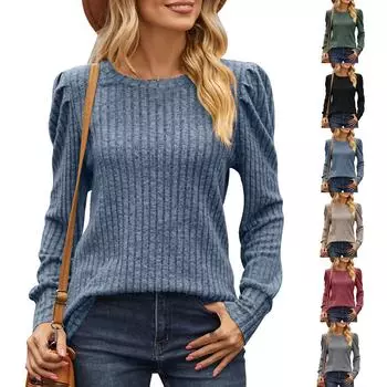 Женская однотонная футболка с круглым вырезом в полоску с круглым вырезом и длинными рукавами L армия зеленый