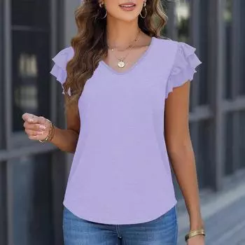 Женская однотонная футболка с V-образным вырезом и оборками на рукавах L