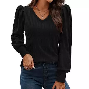Женская однотонная футболка с V-образным вырезом и длинными рукавами из пеноматериала L чёрный