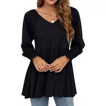 Женская однотонная футболка с V-образным вырезом и длинными рукавами, с поясом, с принтом «пузырь» для женщин L чёрный