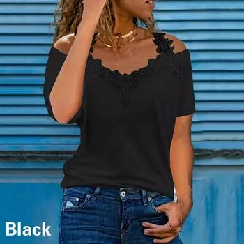 Женская однотонная футболка с v-образным вырезом и короткими рукавами, сексуальная футболка с кружевом, повседневный свободный топ S белый
