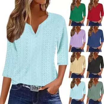 Женская однотонная футболка с V-образным вырезом и рукавом 3/4 в стиле бохо