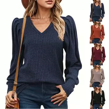 Женская однотонная футболка с V-образным вырезом и длинными рукавами из пеноматериала L чёрный