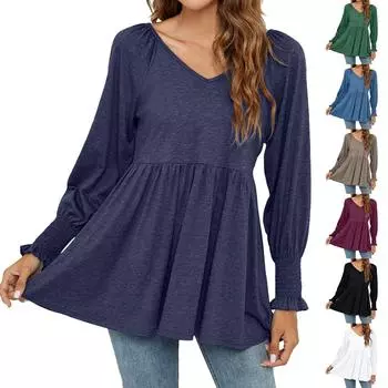 Женская однотонная футболка с V-образным вырезом и длинными рукавами, с поясом, с принтом «пузырь» для женщин L чёрный