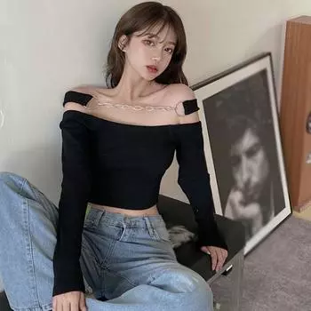 Женская однотонная футболка с вырезом на шее и цепочкой, сексуальная тонкая футболка с длинными рукавами и пупком, топ