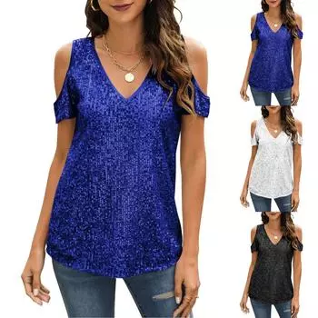 Женская однотонная футболка свободного покроя с круглым вырезом и блестками, с короткими рукавами L чёрный