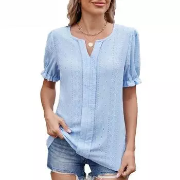 Женская однотонная футболка-топ из жаккарда с V-образным вырезом, свободными рукавами-фонариками, весна/лето S чёрный