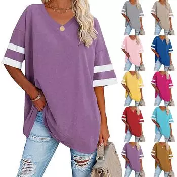 Женская однотонная футболка в белую полоску с коротким рукавом, свободный большой топ с v-образным вырезом L синий
