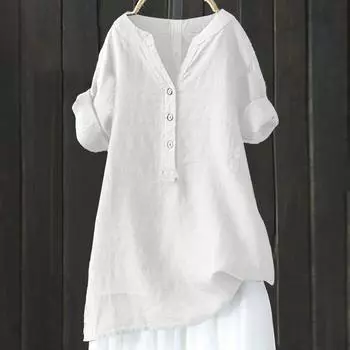 Женская однотонная хлопковая и льняная блузка с воротником-стойкой, застежкой на пуговицы, со средними рукавами, футболка с коротким рукавом XS синий