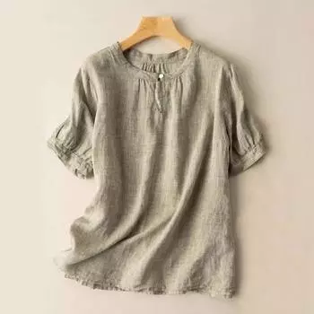 Женская однотонная хлопковая и льняная футболка с короткими рукавами и вышивкой в стиле ретро, дышащая, с круглым вырезом L армия зеленый