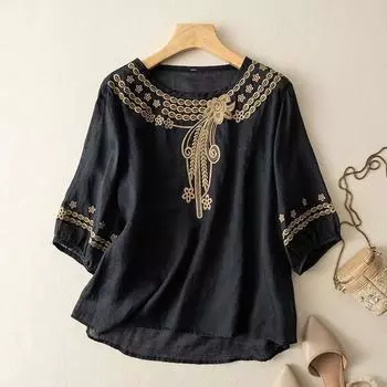 Женская однотонная хлопковая и льняная футболка с короткими рукавами и вышивкой в стиле ретро, дышащая, с круглым вырезом L чёрный