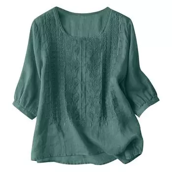 Женская однотонная хлопковая и льняная футболка с короткими рукавами и вышивкой в стиле ретро, дышащая, с круглым вырезом L