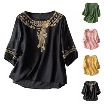 Женская однотонная хлопковая и льняная футболка с короткими рукавами и вышивкой в стиле ретро, дышащая, с круглым вырезом L