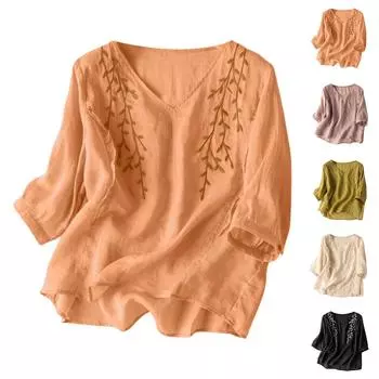 Женская однотонная хлопковая и льняная футболка с короткими рукавами и вышивкой в стиле ретро, дышащая, с круглым вырезом L бежевый