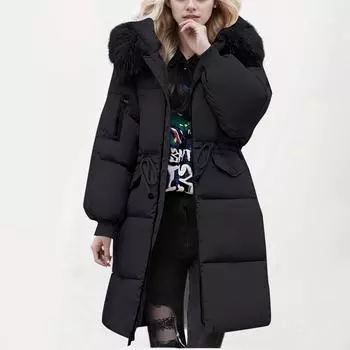 Женская однотонная хлопковая куртка-пуховик средней длины с большим воротником и хлопковой курткой L чёрный