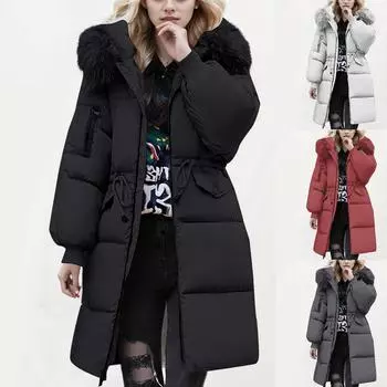 Женская однотонная хлопковая куртка-пуховик средней длины с большим воротником и хлопковой курткой L чёрный