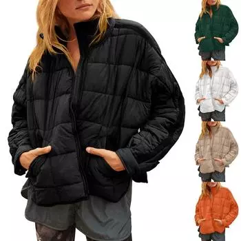Женская однотонная хлопковая куртка с длинными рукавами и карманами, осенне-зимняя куртка на молнии M чёрный