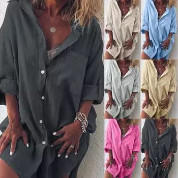 Женская однотонная хлопковая льняная блузка с отложным воротником и длинным рукавом, рубашка XXL хаки