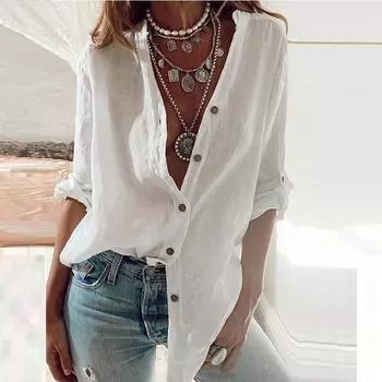 Женская однотонная рубашка из хлопка с длинным рукавом и отложным воротником, весна-осень, свободные топы больших размеров S белый