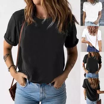 Женская однотонная хлопковая однотонная повседневная футболка с коротким рукавом и круглым вырезом S чёрный