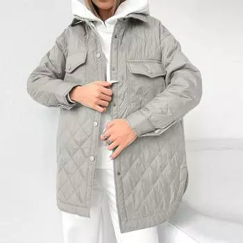 Женская однотонная хлопковая верхняя одежда с длинными рукавами и ромбами на пуговицах, пальто-бомбер S серый