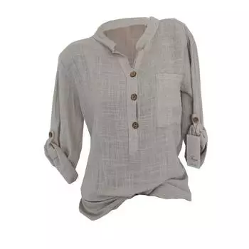 Женская однотонная хлопково-льняная блузка на пуговицах с V-образным вырезом, хлопково-льняные топы с карманами больших размеров, весна-осень S белый