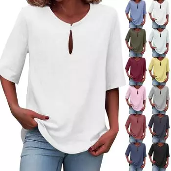 Женская однотонная хлопково-льняная рубашка большого размера с v-образным вырезом и средним рукавом L армия зеленый