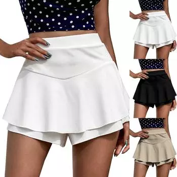 Женская однотонная искусственная двухсекционная юбка для йоги, брюки, спортивная короткая юбка, шорты с высокой талией S белый