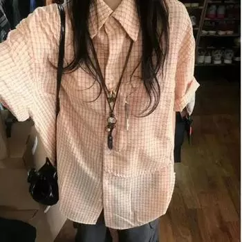 Женская однотонная клетчатая рубашка в японском стиле с винтажными карманами, короткими рукавами, воротником-лацканами, свободный повседневный топ M розовый