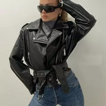 Женская однотонная кожаная куртка осень-зима в стиле панк с коротким поясом и отложным воротником, женская куртка на молнии в стиле ретро в байкерском стиле S синий