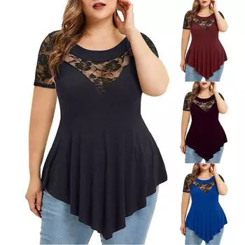 Женская однотонная кружевная асимметричная блузка размера три четверти размера плюс XXL коричневый