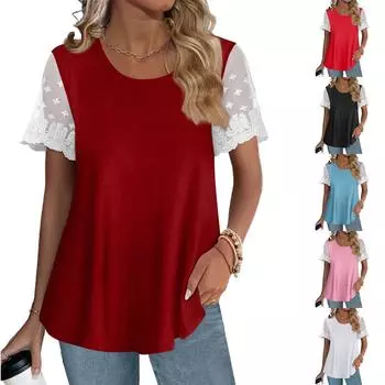 Женская однотонная кружевная футболка с коротким рукавом и круглым вырезом