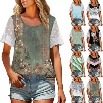 Женская однотонная кружевная футболка с коротким рукавом и круглым вырезом