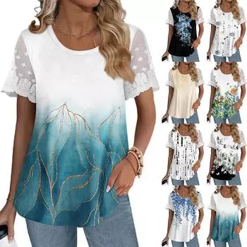 Женская однотонная кружевная футболка с коротким рукавом и круглым вырезом L бежевый