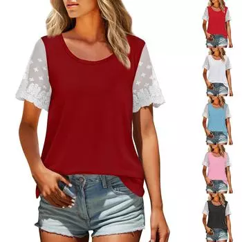 Женская однотонная кружевная футболка с коротким рукавом и круглым вырезом L чёрный