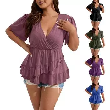 Женская однотонная кружевная футболка с v-образным вырезом и короткими рукавами XXL