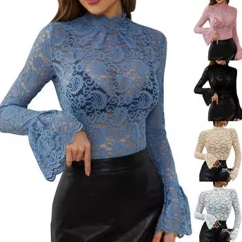 Женская однотонная кружевная облегающая верхняя одежда с расклешенными рукавами, повседневный топ с длинными рукавами XL чёрный