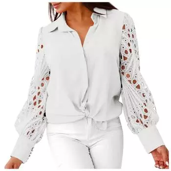 Женская однотонная кружевная повседневная рубашка на пуговицах с длинными рукавами, блузка L белый