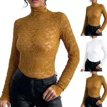 Женская однотонная кружевная рубашка с длинными рукавами и высоким воротом, базовый маленький топ, базовый маленький топ, базовый маленький топ L белый