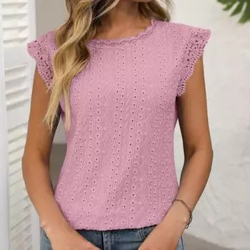 Женская однотонная кружевная рубашка с вырезом и коротким рукавом, летняя повседневная футболка S розовый