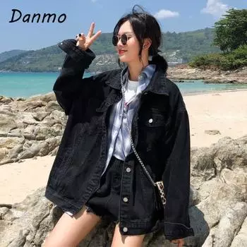 Женская однотонная куртка Danmo, черная модная свободная большая уличная одежда в стиле Харадзюку, студенческий топ, джинсовая куртка для женщин XL чёрный